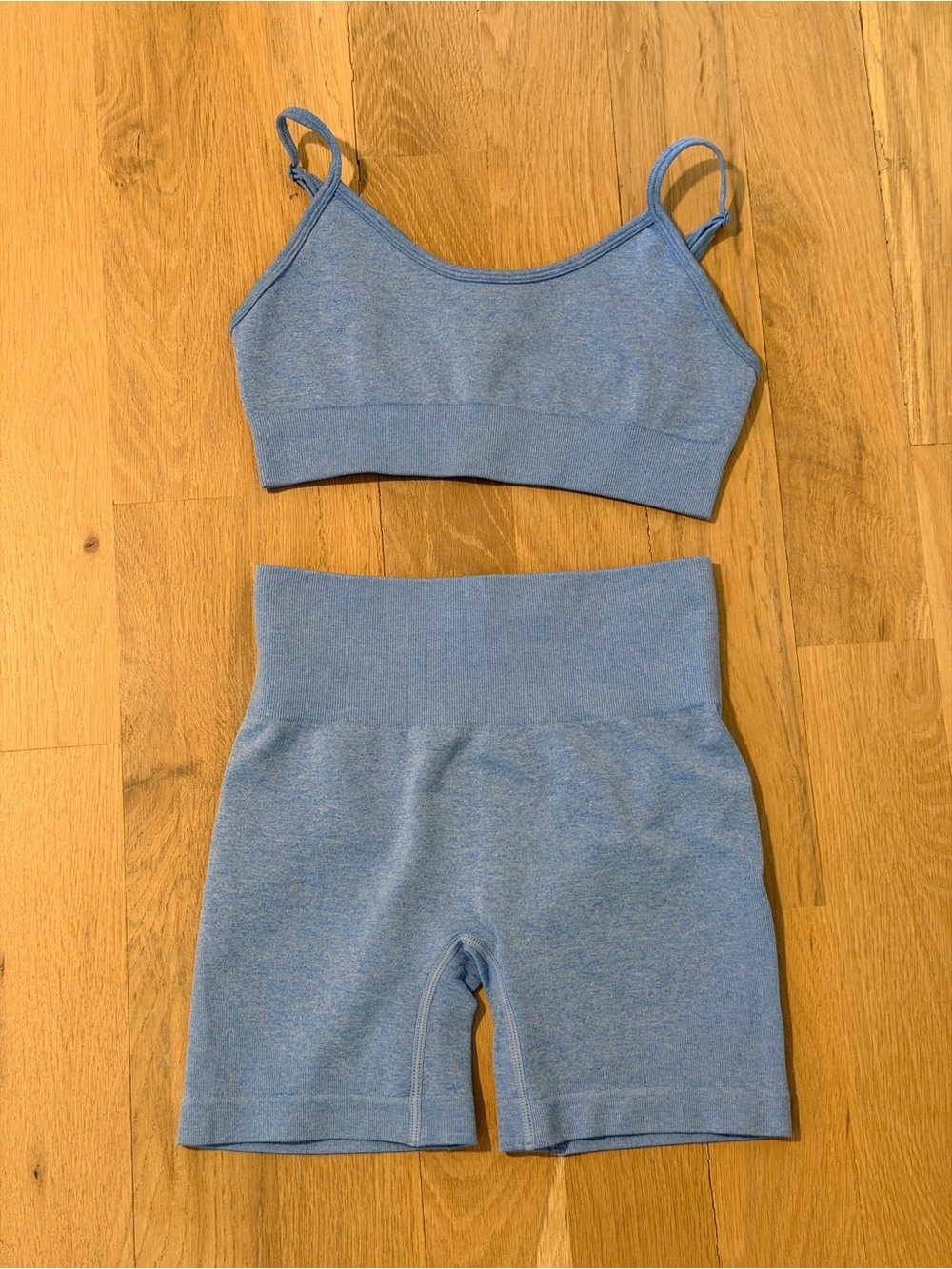 Workout Matching Set, Light Blue Bra & High-Waist Bike Shorts